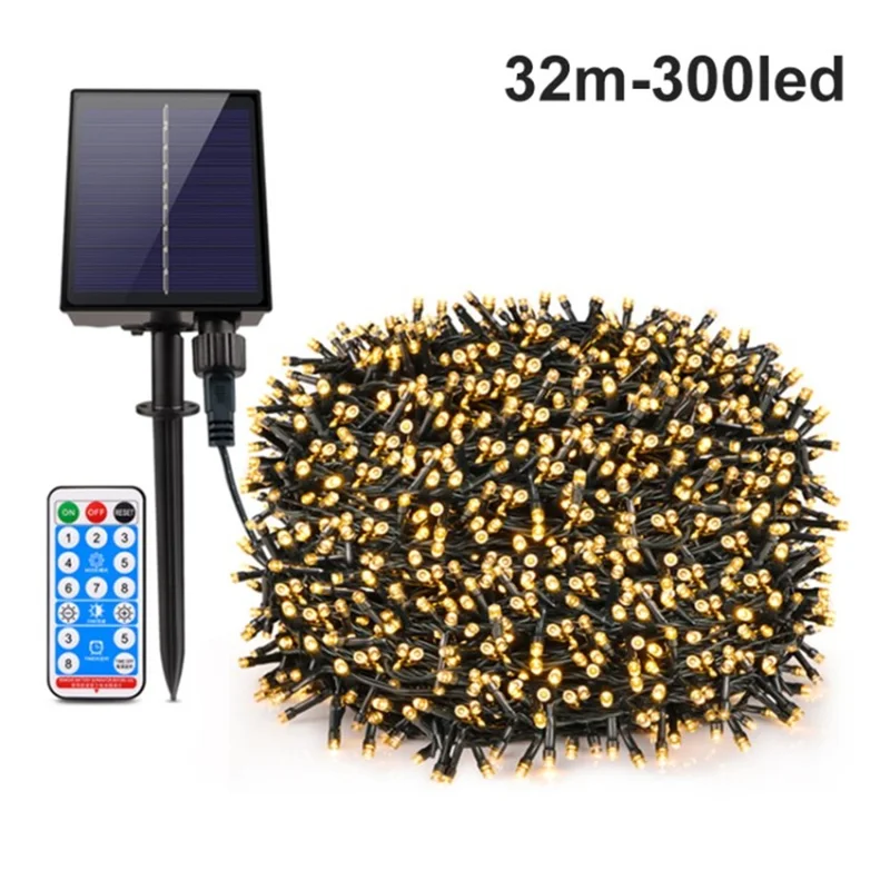 Outdoor LED Solar String Lights Waterproof Fairy Light with Remote Control for Holiday Party Decoration - Yellow Light / 32m 300 - LED