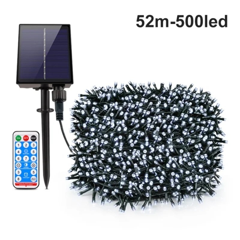 Outdoor LED Solar String Lights Waterproof Fairy Light with Remote Control for Holiday Party Decoration - White Light / 52m 500 - LED