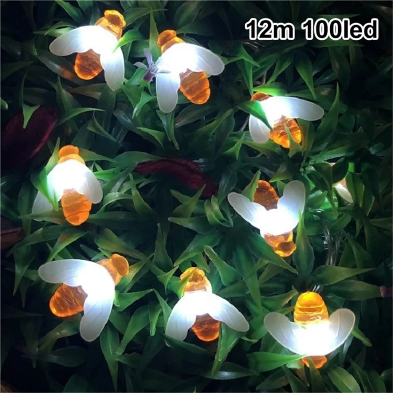 Solar String Lights Outdoor LED Bee Fairy Lights with 8 Modes for Holiday Party Decoration - White Light / 12m 100 - LED