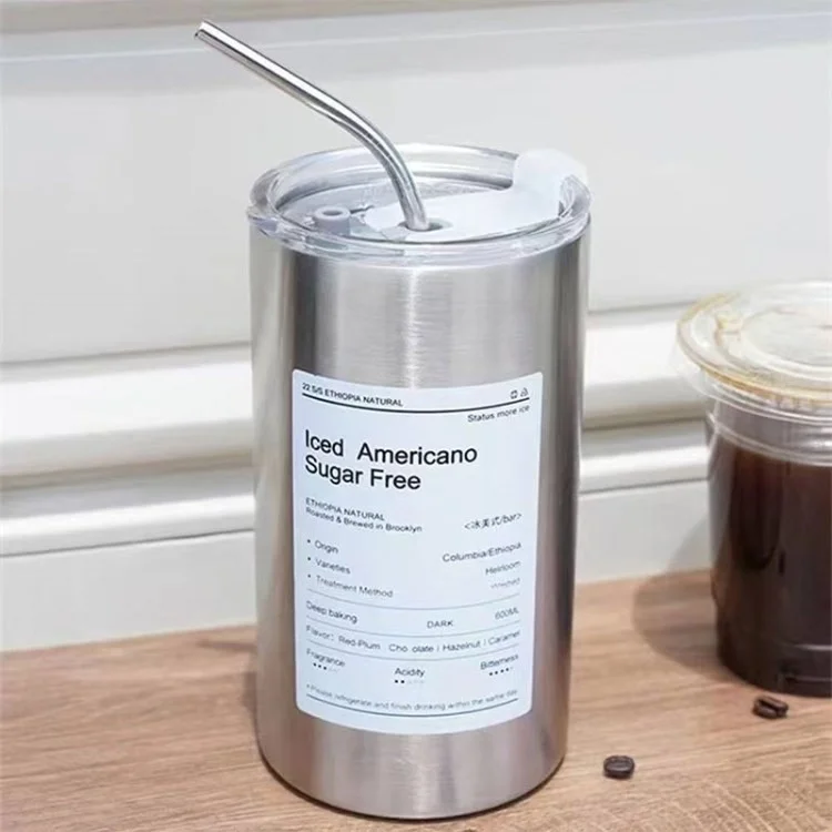 Tasse de Café de Voyage à Tasse Isolée Tasse D'eau en Acier Inoxydable Avec Paille Pour la Maison, le Bureau, L'école - Argent