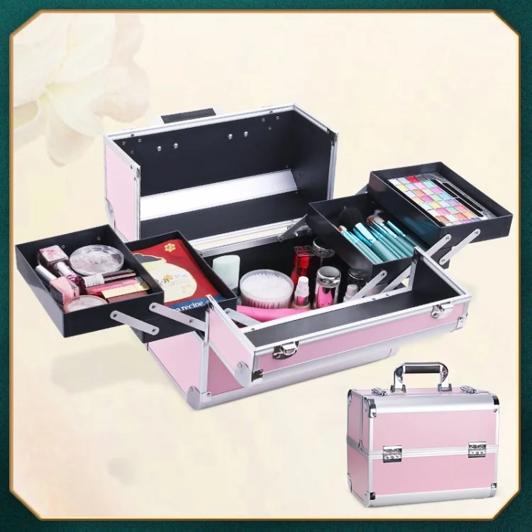 Makeup Train Case Multipurpose Portable Cosmetic Organizer Storage Box with Lock - Pink