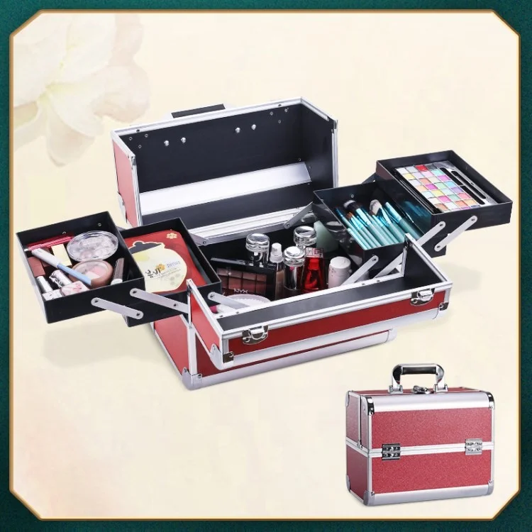 Makeup Train Case Multipurpose Portable Cosmetic Organizer Storage Box with Lock - Red