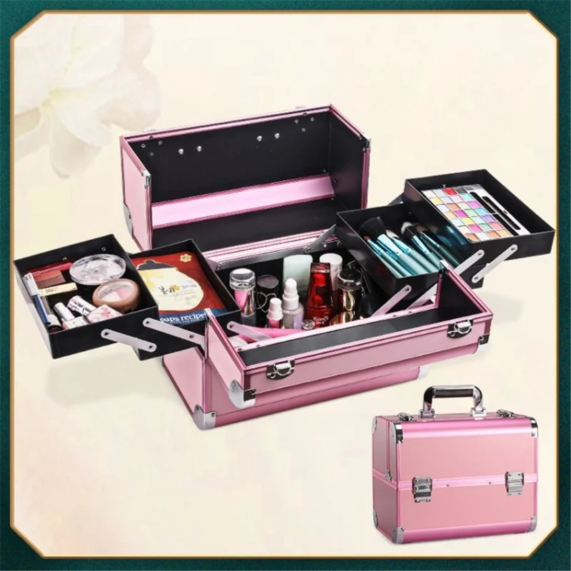 Cosmetic Organizer Storage Box Portable Large Capacity Multi-layer Makeup Train Case with Lock - Pink+Pik Side