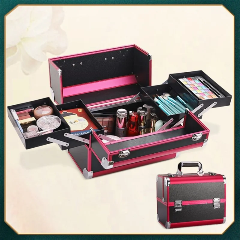 Cosmetic Organizer Storage Box Portable Large Capacity Multi-layer Makeup Train Case with Lock - Black+Rose Side
