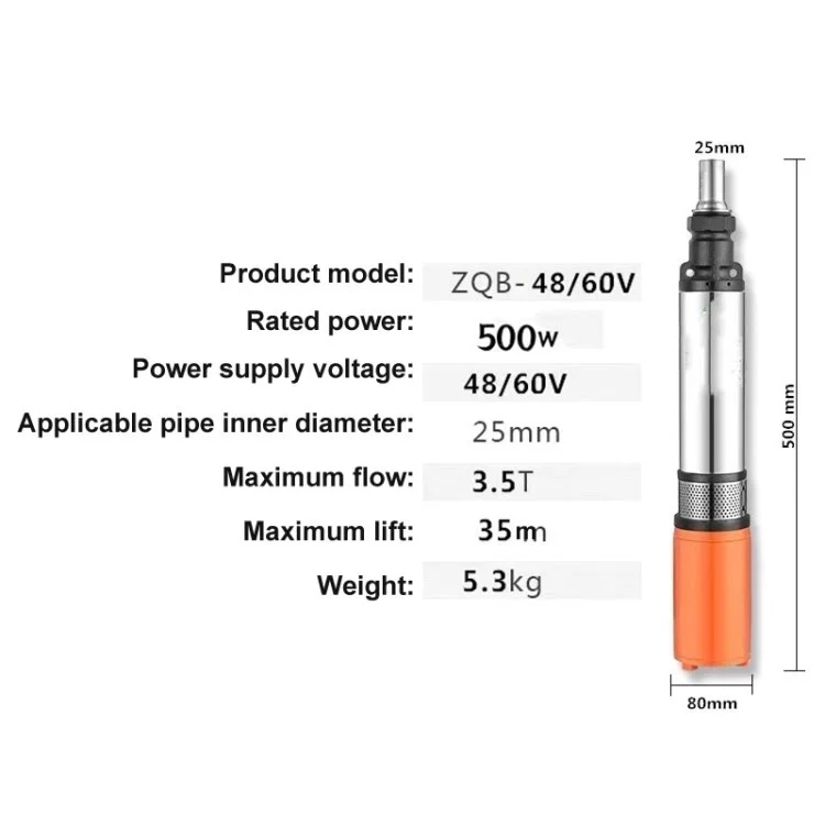 Solar Water Pump 48V / 60V 370W / 500W Deep Well Submersible Pump - 48 / 60V / 13m Cable