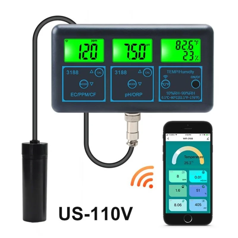 7-in-1 Digital Multifunction Water Quality Purity Tester Humidity Temp ORP TDS EC CF PH Monitor Meter - US Plug / 110V