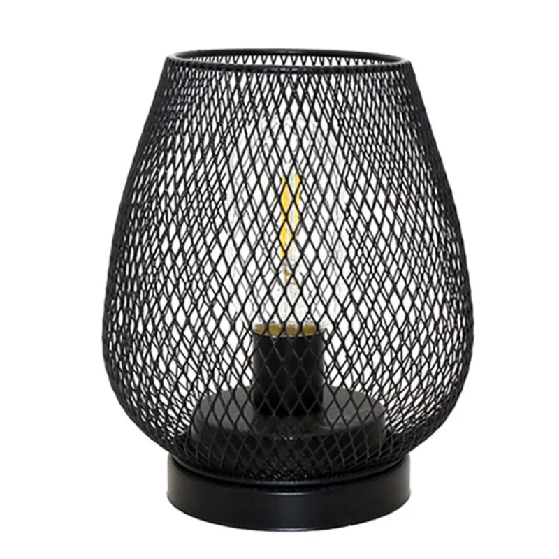 Night Light Vintage Table Lamp Basket Cage Style LED Lantern Light Decorative Lamp - Black / Warm White