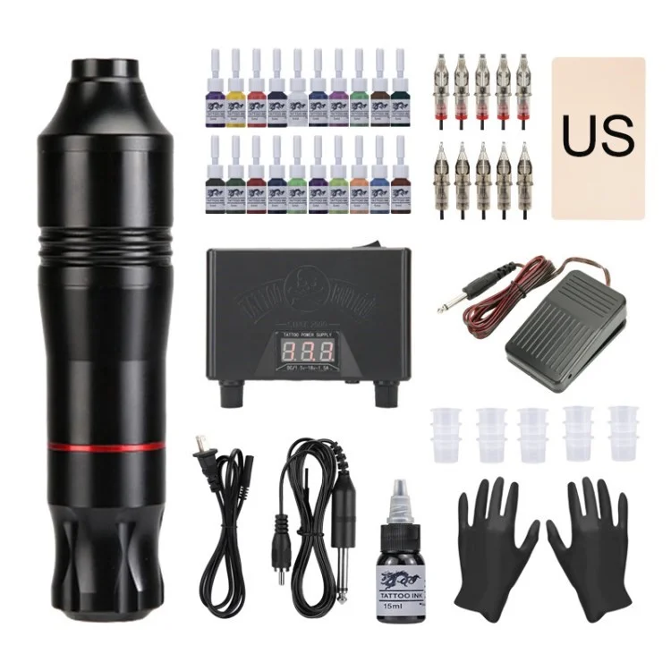 Tattoo Pen Kit Cartridge Tattoo Needles Rotary Tattoo Machine Set for Beginners and Artists - Black / US Plug