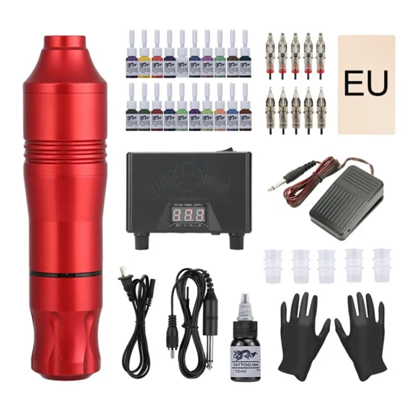 Tattoo Pen Kit Cartridge Tattoo Needles Rotary Tattoo Machine Set for Beginners and Artists - Red / EU Plug