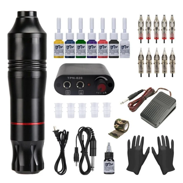 Complete Tattoo Pen Kit Tattoo Machine Set with 10Pcs Cartridges Needles 7 inks for Beginners - Black / US Plug