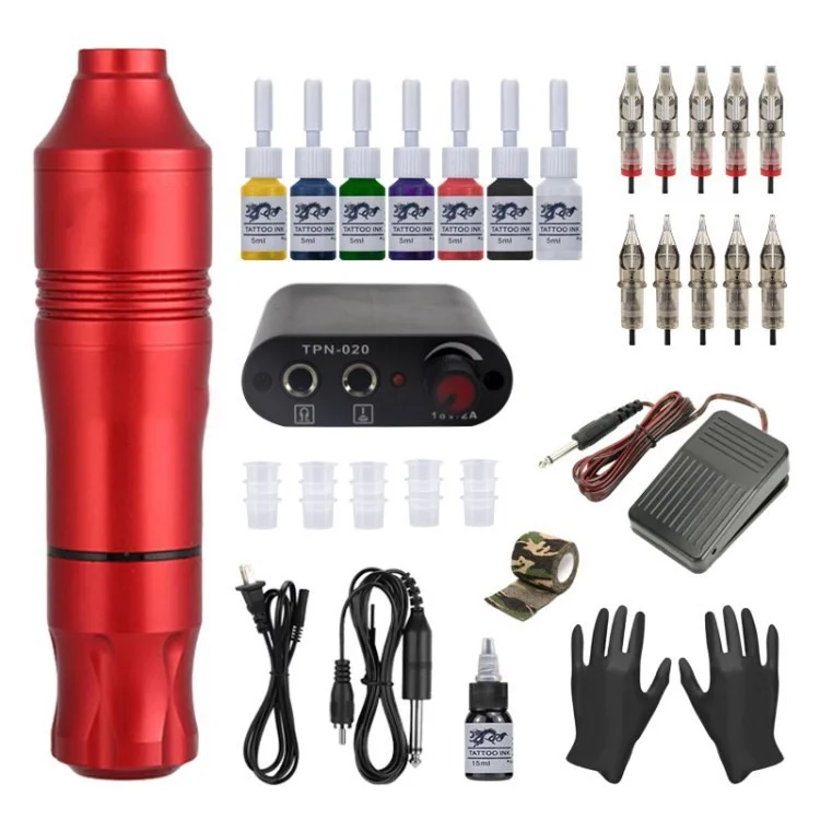 Macchina da Tatuaggio Completo Per Tatuaggi Tatuaggi Con Aghi da 10 Pezzi di Cartucce 7 Inchiostri Per Principianti - Rosso / Plug