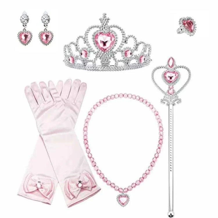 6Pcs Kids Princess Crown Wand Jewelry Dress Up Accessories Playset Toys Birthday Including Gift Crown, Magic Wand, Gloves, Rings, Earrings and Necklace - Pink