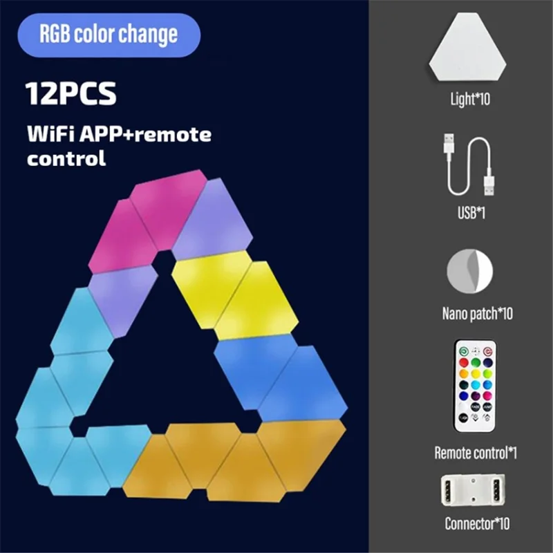 LED trekant væglys RGB lys Lyspaneler med stemme-, app- og fjernbetjening Smart LED-ambiente - WiFi+APP+Fjernbetjening / 12 stk