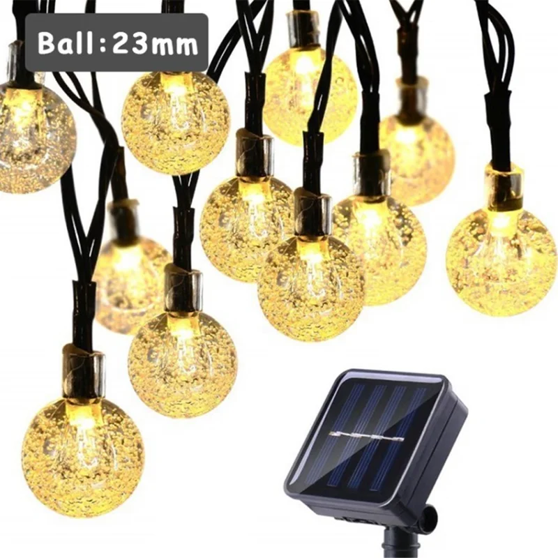 12m 100-LED Solar Powered Crystal Bubble Ball String Lights with 8 Modes - Yellow Light / 23mm Diameter