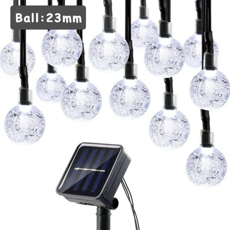 12m 100-LED Solar Powered Crystal Bubble Ball String Lights with 8 Modes - White Light / 23mm Diameter