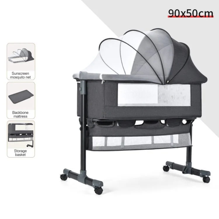 Berço de bebê ao lado da cama com design de malha respirável e mosquiteiro para bebês/recém-nascidos - Cinza escuro.