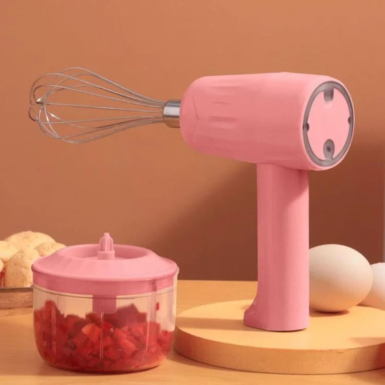 2-in-1 Hand Mixer Electric Garlic Chopper Egg Beater Cordless Rechargeable Cordless Handheld Food Processor with 250ML Bowl Container (BPA-Free, NO FDA Certification) - Pink