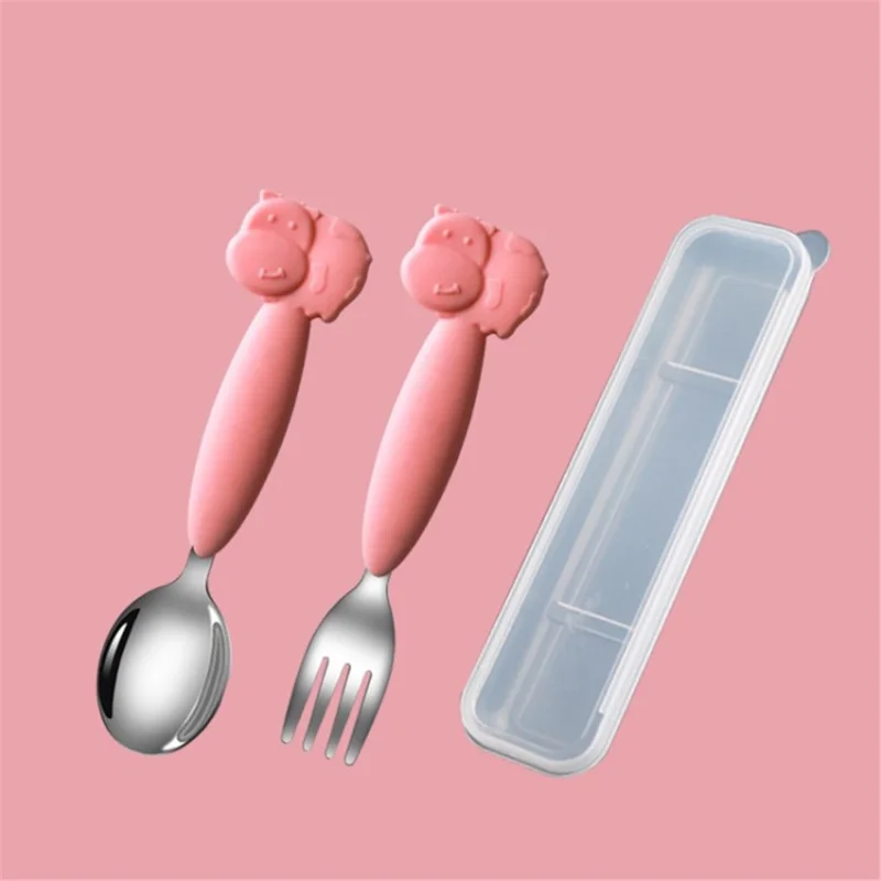 304 Stainless Steel + Silicone Toddler Self Feeding Fork and Spoon Set with Case (BPA Free, No FDA Certificate) - Pink / Cattle