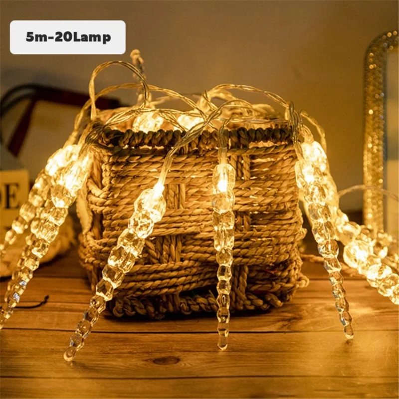 8 Modes Solar Ice Cone String Lights LED Icicle Lights for Christmas Party Decor - Yellow Light / 5m 20-LED