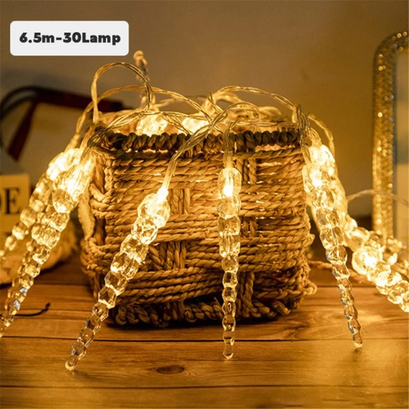8 Modes Solar Ice Cone String Lights LED Icicle Lights for Christmas Party Decor - Yellow Light / 6.5m 30-LED