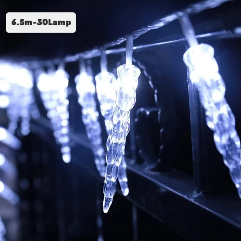8 Modos Luces de Cuerda de Cono de Hielo Solar Luces de Carámbano LED Para la Decoración de la Fiesta de Navidad - Luz Blanca / 6.5m 30-LED