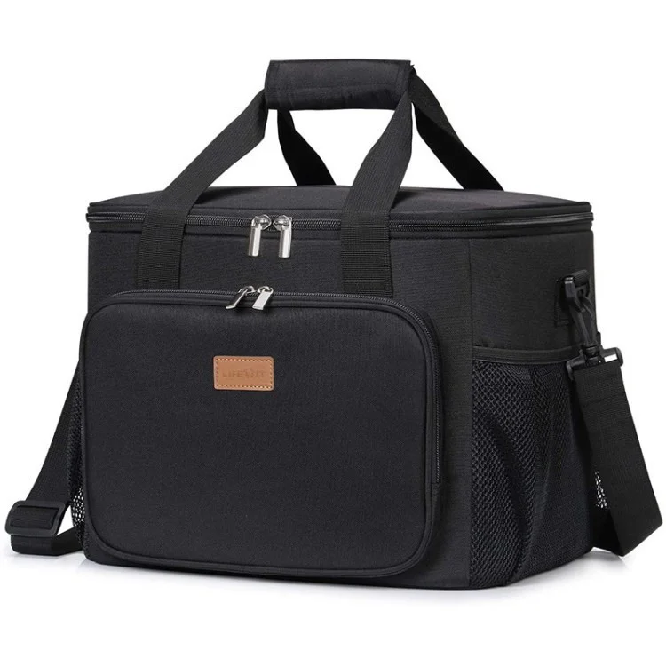 Portable Insulated Lunch Bag Oxford Coth Printing Large Cooler Tote Bag for Camping Picnic Travel - Black