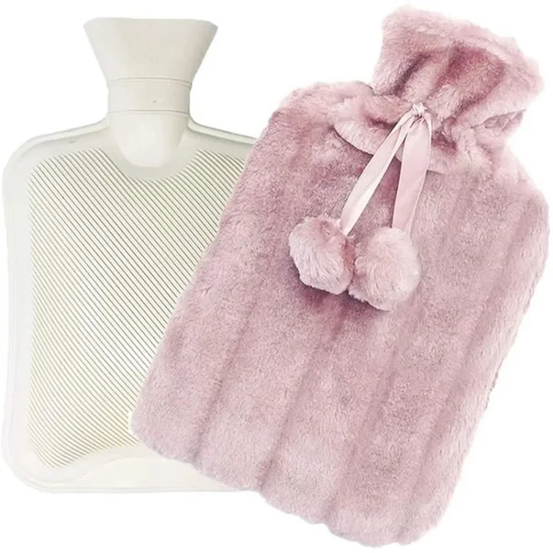2L Hot Water Bottle with Removable Fluff Soft Cover for Hands Keeping Warm - Pink / 2000ml