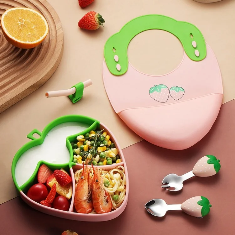 Cartoon Strawberry Baby Weaning Supplies Feeding Set Silicone Divided Plate Conjunto (sem Certificação Fda) - Rosa