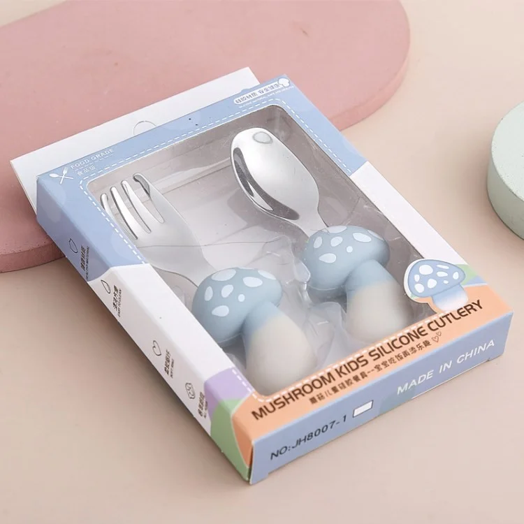 Toddler Self Feeding Cutlery Easy Grip Utensils Baby Spoon and Fork Set (BPA-Free, NO FDA Certification) - Mushroom / Blue