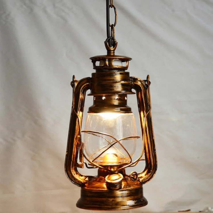 Lanterne à kérosène rétro en fer et verre - Suspension décorative - Bronze