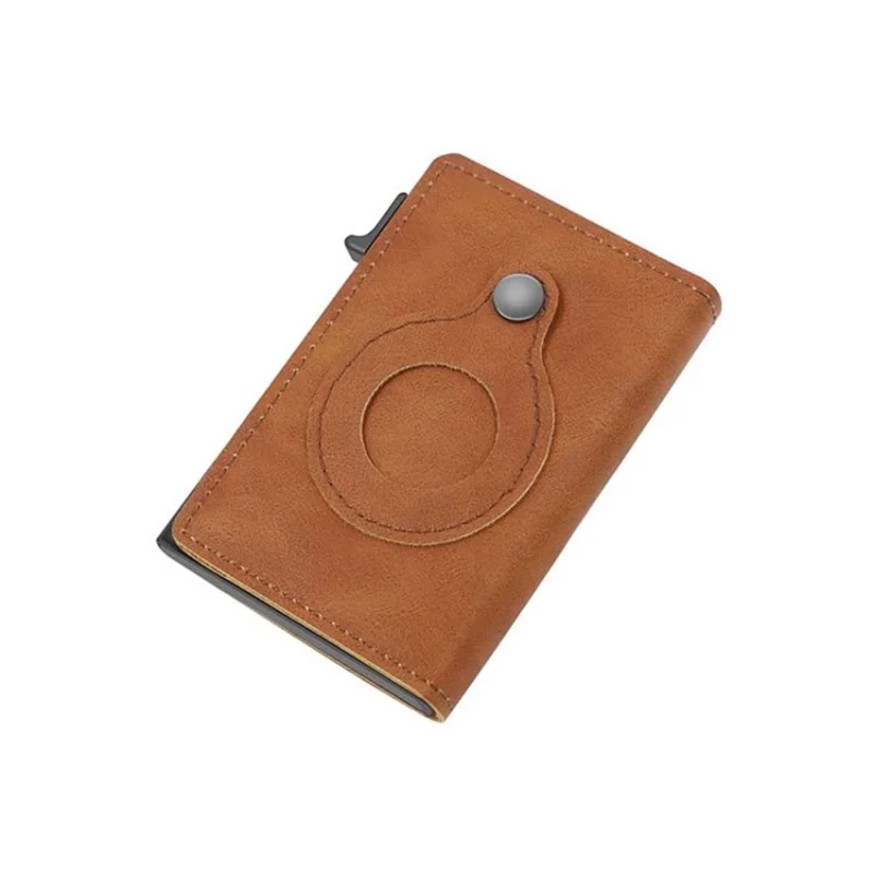 PU Leather RFID Blocking Automatic Pop Up Card Holder Wallet for AirTag Case Purse - Brown