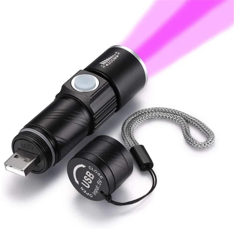 UV Flashlight USB Rechargeable 395nm Rechargeable LED Ultraviolet Light Detector - Black