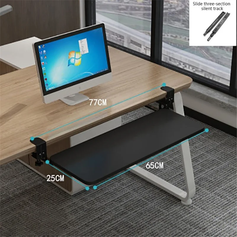 Punch-Free Sliding Rail Keyboard Rack Under Desk Clamp-On Mouse Keyboard Platform Table Extension Tray - Black / 65x25cm