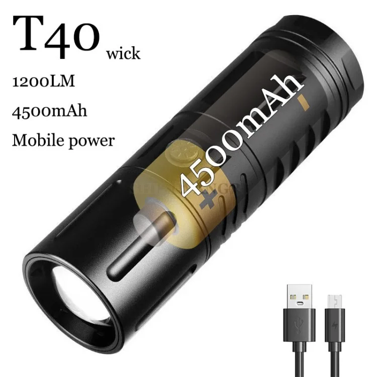 T40 Pleascopic Spotlight Portable High Bright LED Torch Light Avec Fonction de Banque D'alimentation - Noir