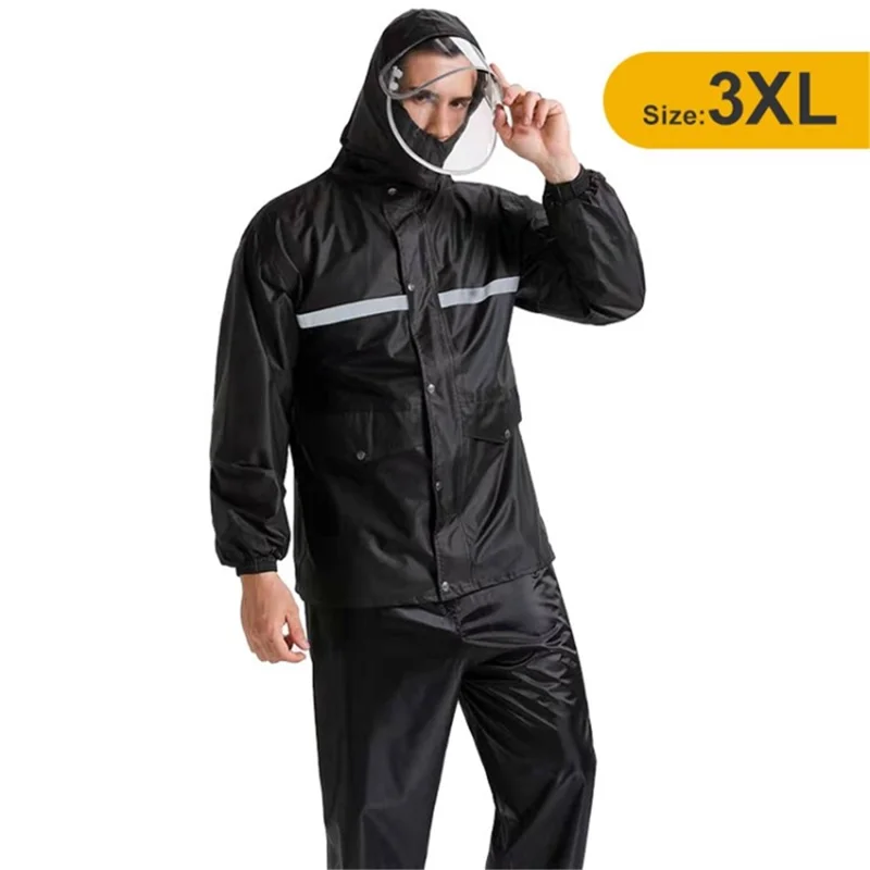 Raincoat Suit Fishing Rain Gear Jacket Pants Dual-Layer Thick Rain Coat Set for Adult Men Women - Black / 3XL