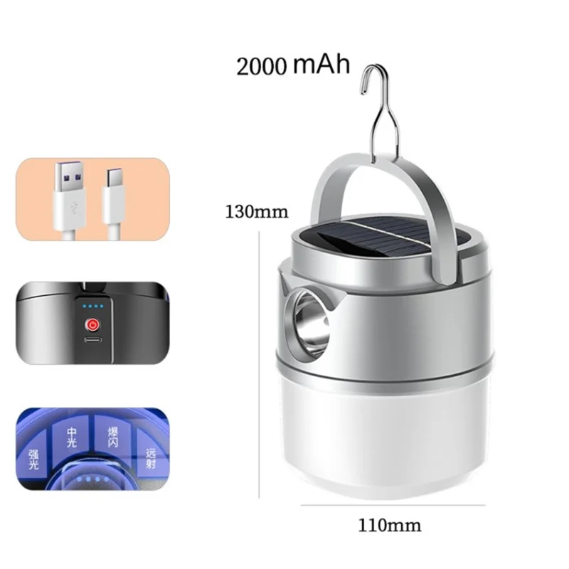 Outdoor Camping Lamp Emergency Tent Light Hiking Fishing Night Light - White / 2000mAh / Solar