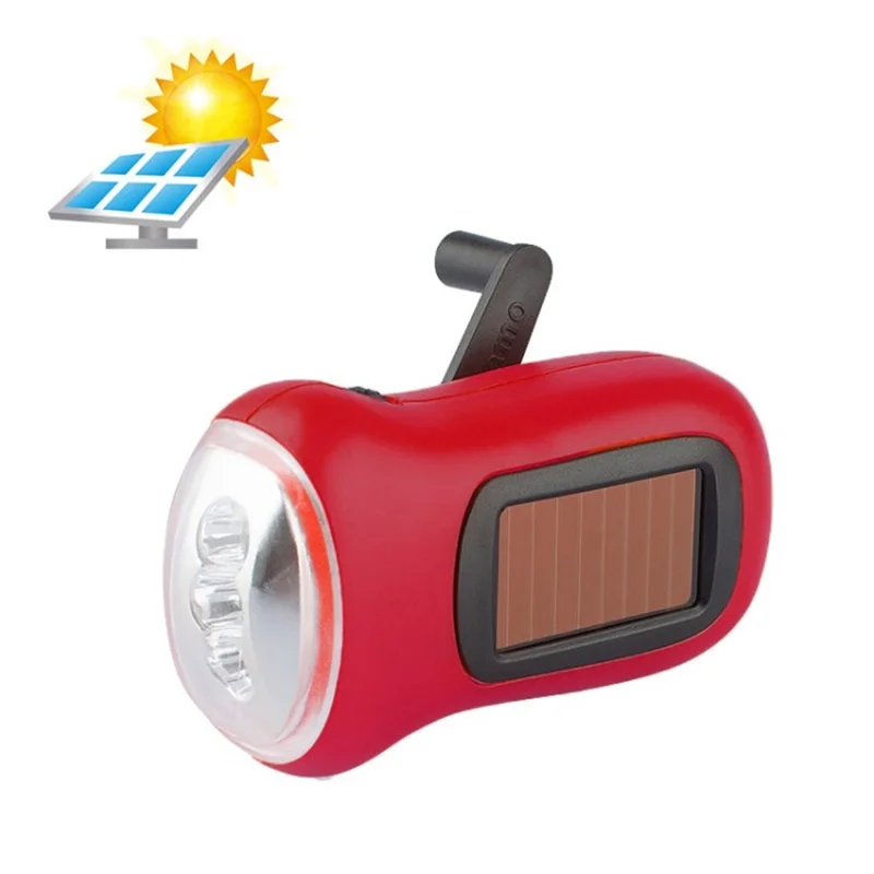 LED Solar Flashlight Hand Crank Dynamo Torch Light Multifunction Portable Light - Red
