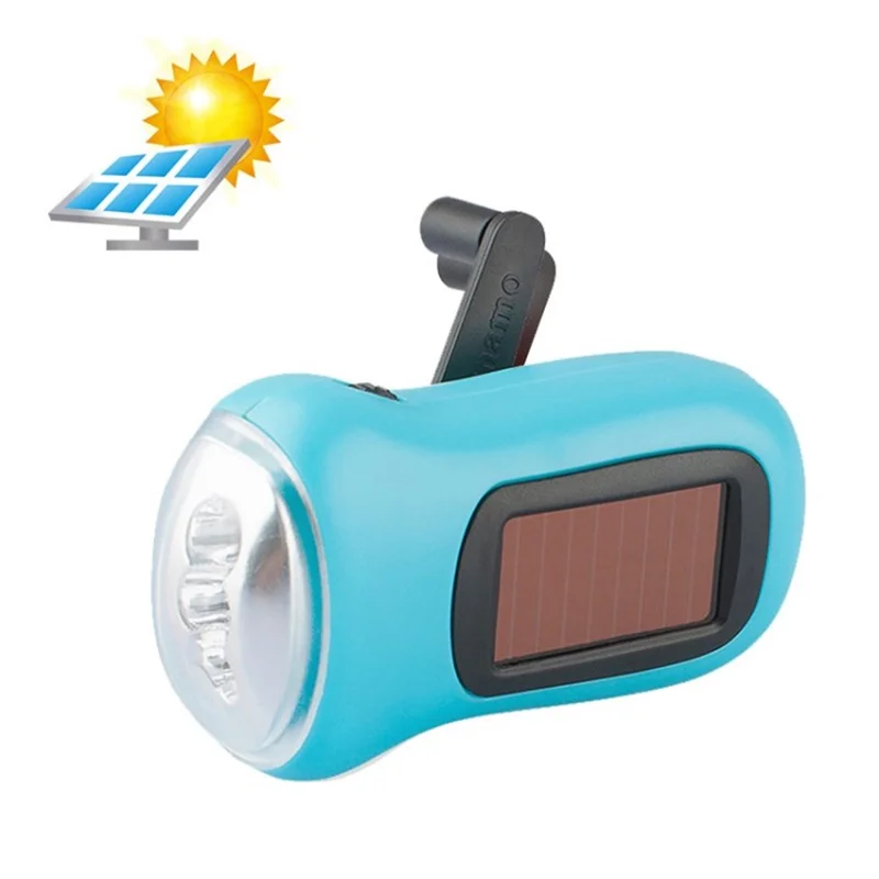 LED Solar Flashlight Hand Crank Dynamo Torch Light Multifunction Portable Light - Blue