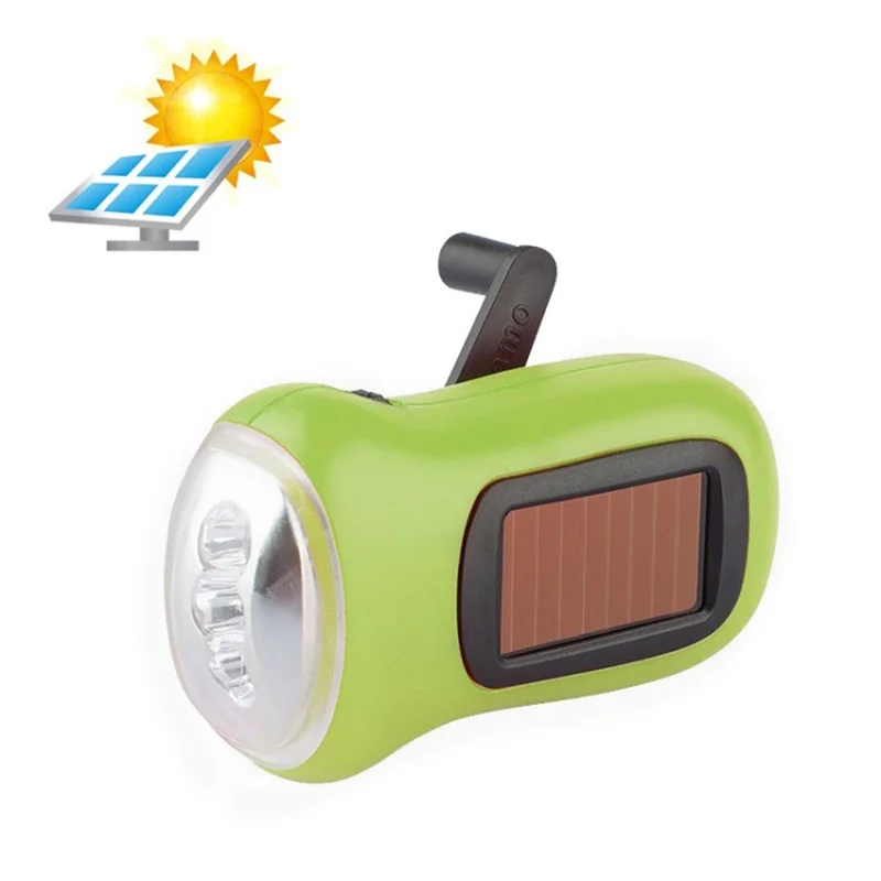 LED Solar Flashlight Hand Crank Dynamo Torch Light Multifunction Portable Light - Green