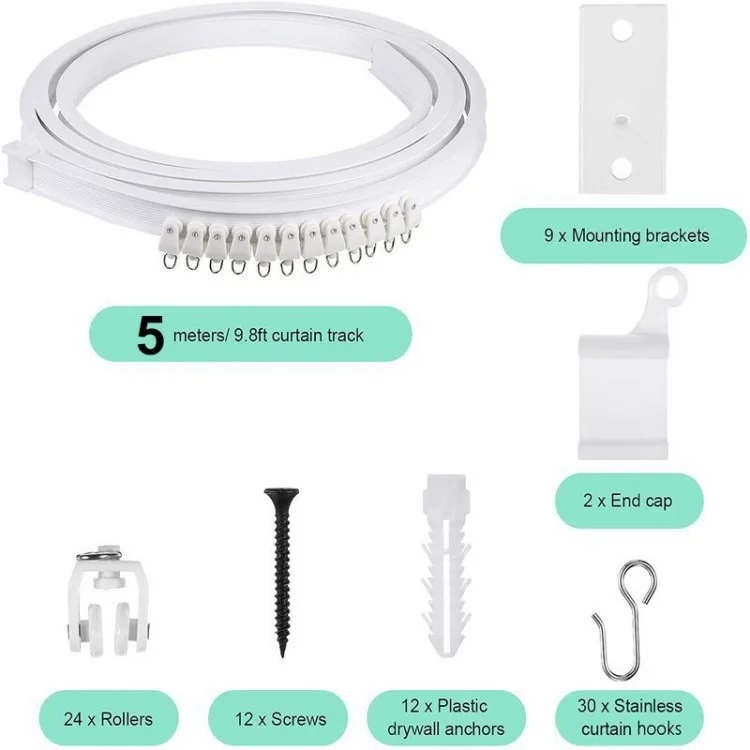 5m Curtain Track Bendable Silent Curtain Rail Flexible Curtain Track Set with Accessories