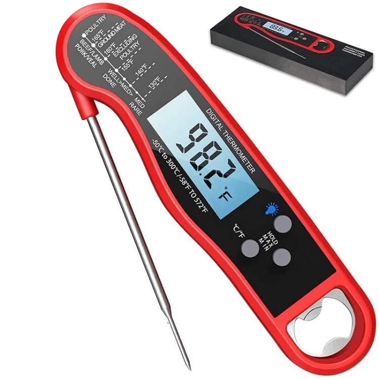 TP102 Folding Kitchen BBQ Food Thermometer Waterproof Temperature Meter with Bottle Opener Function (No FDA Certification, BPA Free) - Red