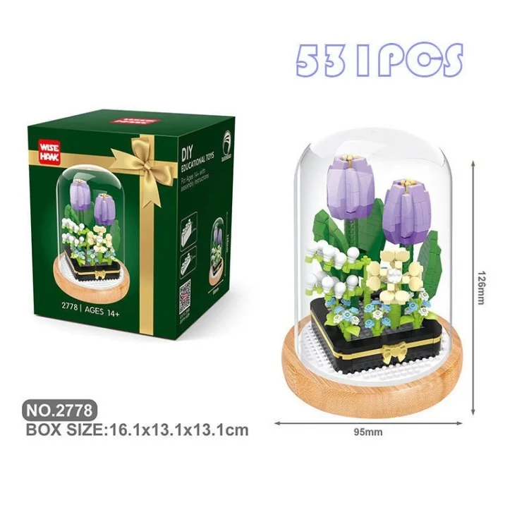 Flower Micro Building Blocks Lily Rose Tulips Bouquet Immortal Daisy Sunflower Mini Brick Figure Toy Home Decor - Tulip