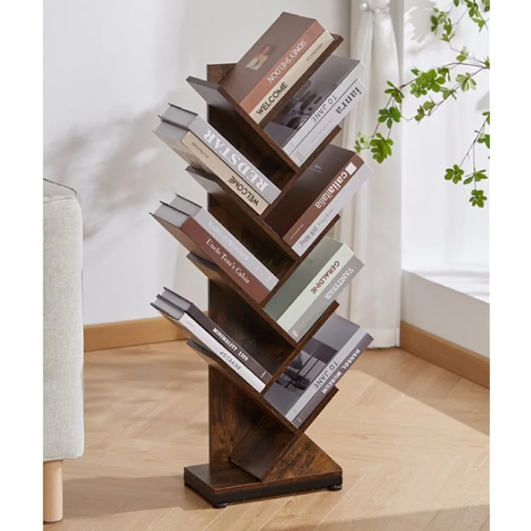 Ruboka Tree Bookshelfe Retro Floor Standing Bookcase Exhibición Para Cd, Revista, Libros (MOQ: 300) - Color Antiguo