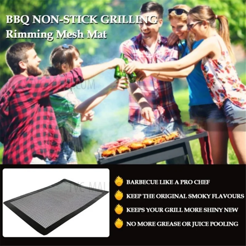 2Pcs / Set BBQ Grill Mesh Mat 40x33cm Non-Stick Cooking Sheet Liners (NO FDA Certification, BPA-free) - Black