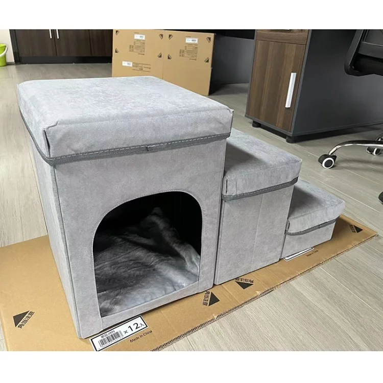 Zexvida Cat Dog Nest Cage 3 Pasos Pasos de Almacenamiento de Escaleras Doblables a la Cama (MOQ: 300) - Gris Claro