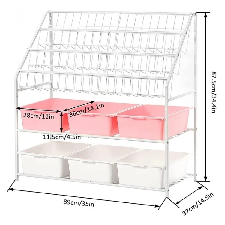 Yeakoo Kids Book Rack 5 Estante de Estante de Camada Prateleira (rack de Armazenamento Branco+3 Caixas Brancas+3 Caixas Rosa)
