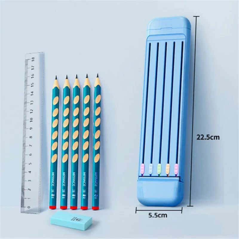 Multifunction Portable Pencil Case with 5 Pencils Ruler Eraser Set for Students Stationeries - Blue