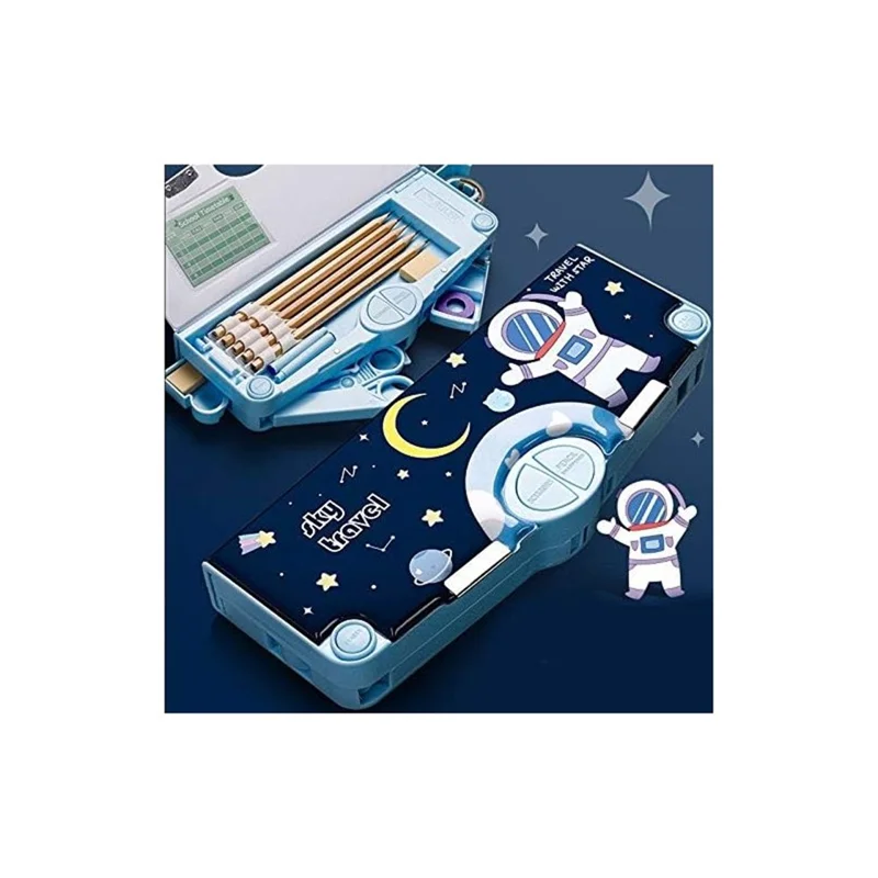 7701 Set di Cancelleria Multifunzionale con Astuccio Portapenne ad Alta Capacità e Bottoni Pop-Up Automatici per Studenti - Astronauta Blu