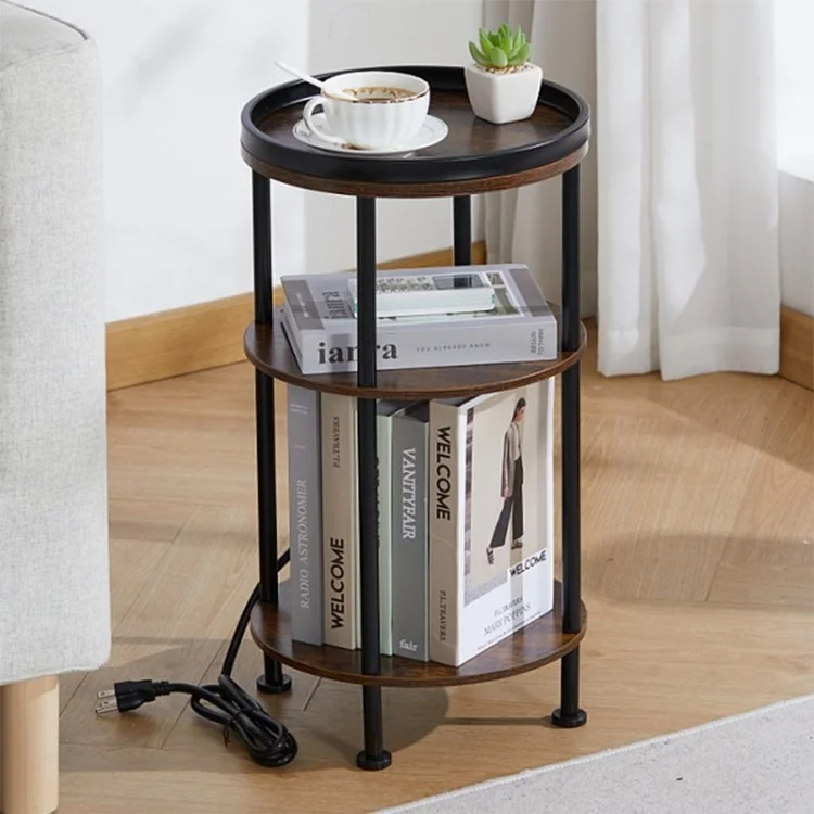 Zexvida Round End Table Com a Estação de Carregamento Tabela Lateral de 3 Camadas Para Espaço Estreito (MOQ: 200) - Marrom Rústico