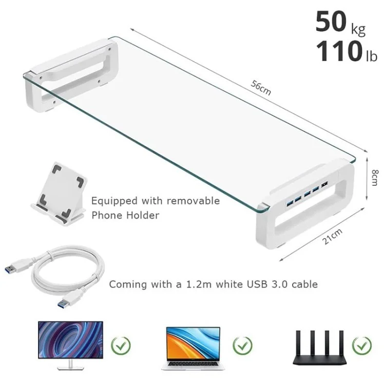 Dreamoule Clear Glass Monitor Stand Riser Stand Com 4 Portas USB (MOQ: 200) - Branco